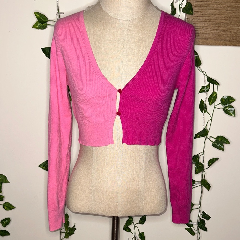 Wild Fable Two Tone Pink Cropped Button Front Longsleeve - Picture 1 of 4